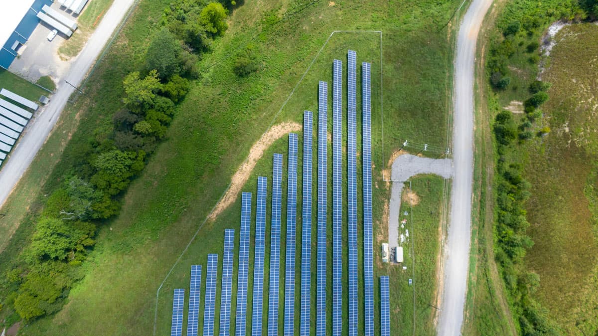 A drone footage view of solar panels
